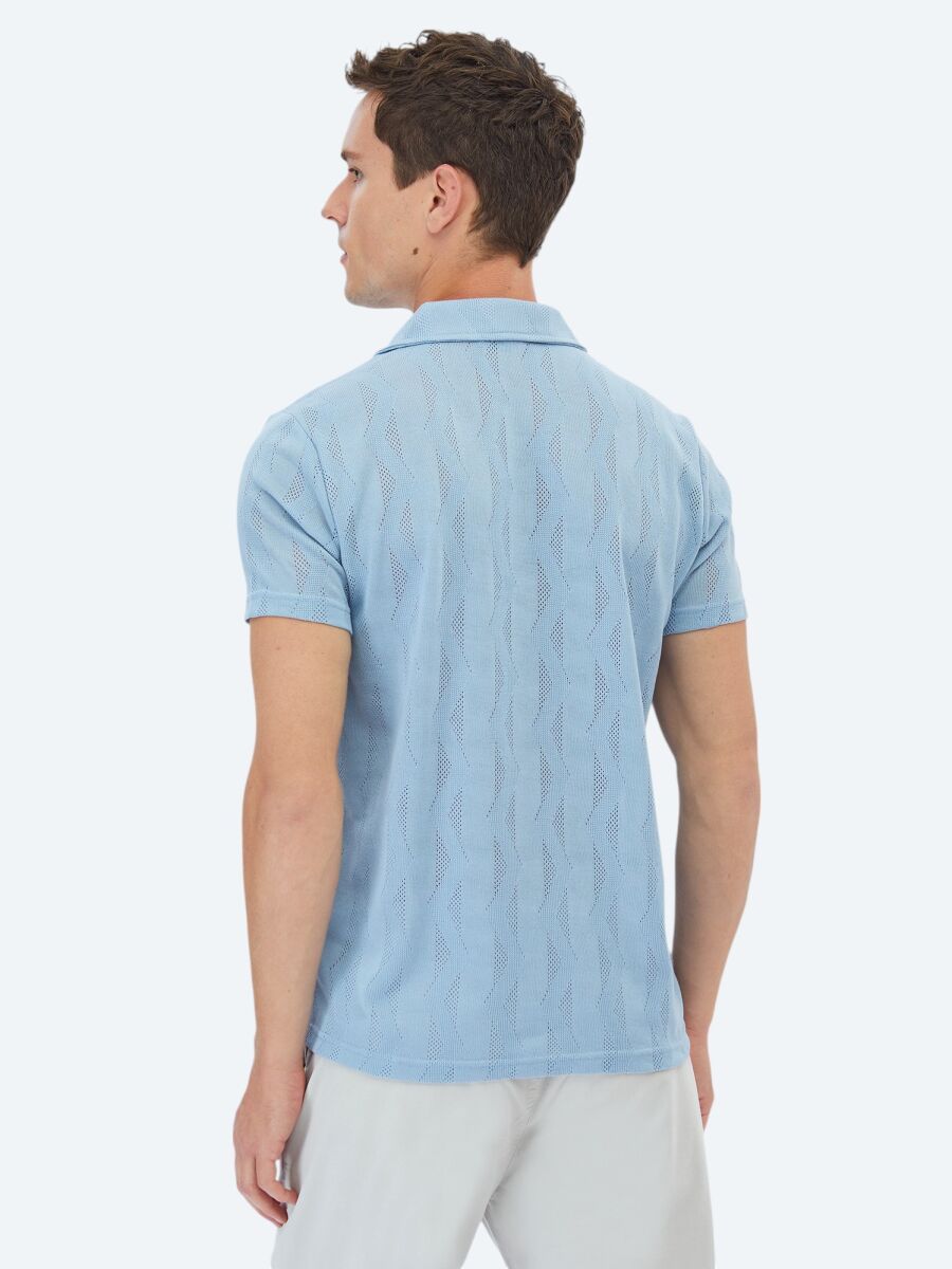 Mavi Jakarlı Küba Yaka T-Shirt - 6