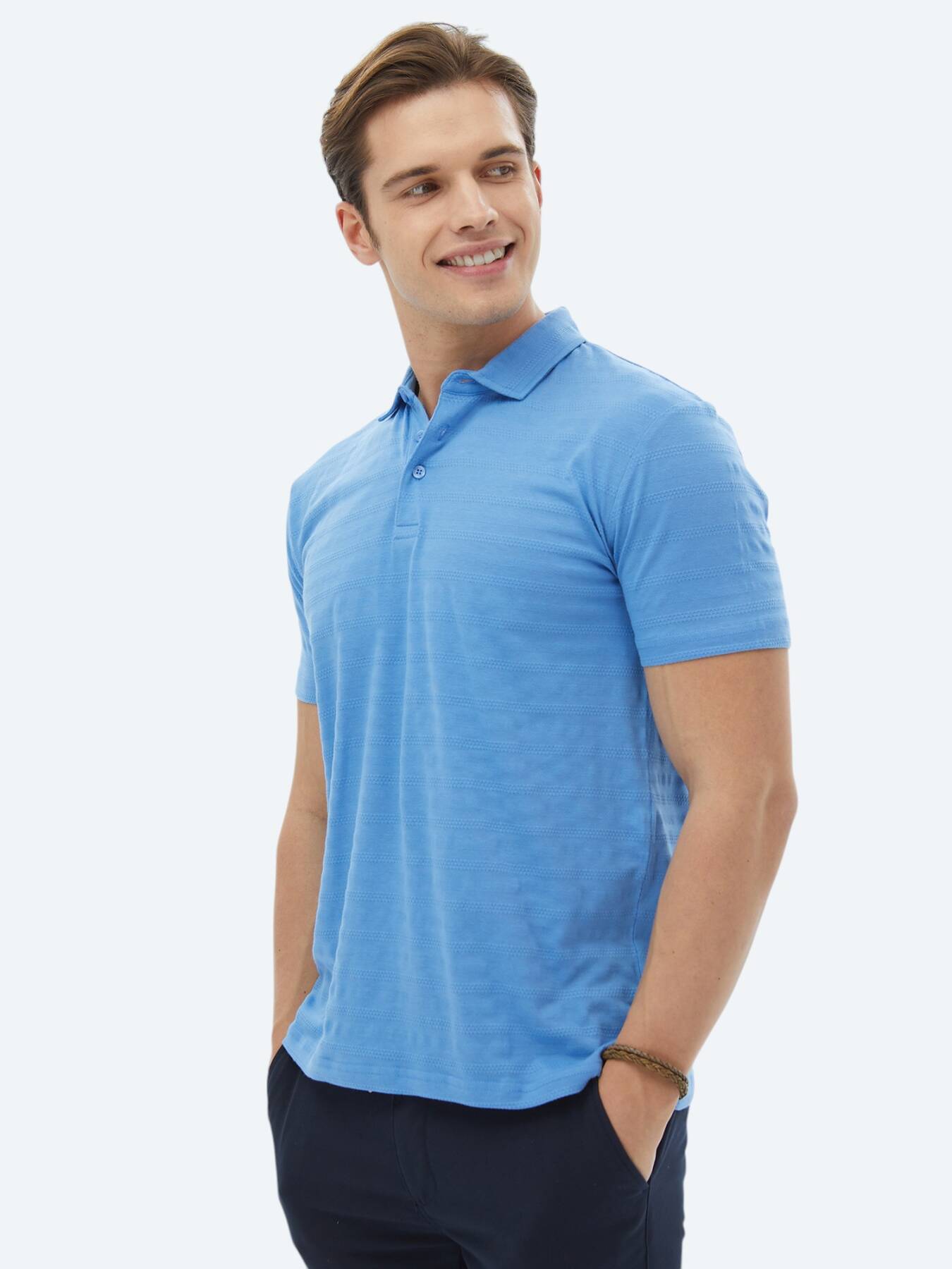 Mavi Jakarlı Polo Yaka %100 Pamuk T-Shirt
