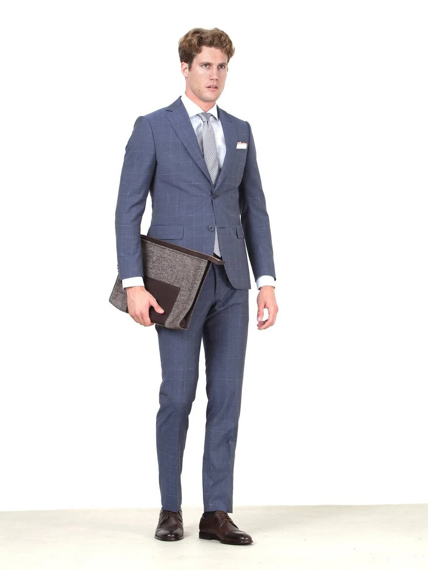 Mavi Kareli Modern Fit %100 Yün Takım Elbise - 1