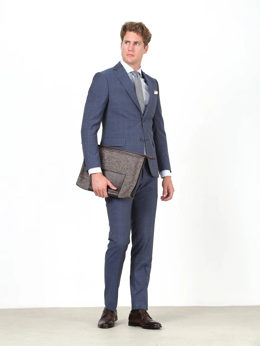 Mavi Kareli Modern Fit %100 Yün Takım Elbise - 2