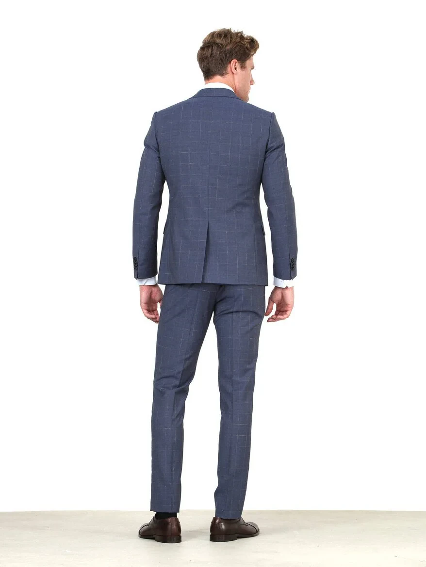 Mavi Kareli Modern Fit %100 Yün Takım Elbise - 4