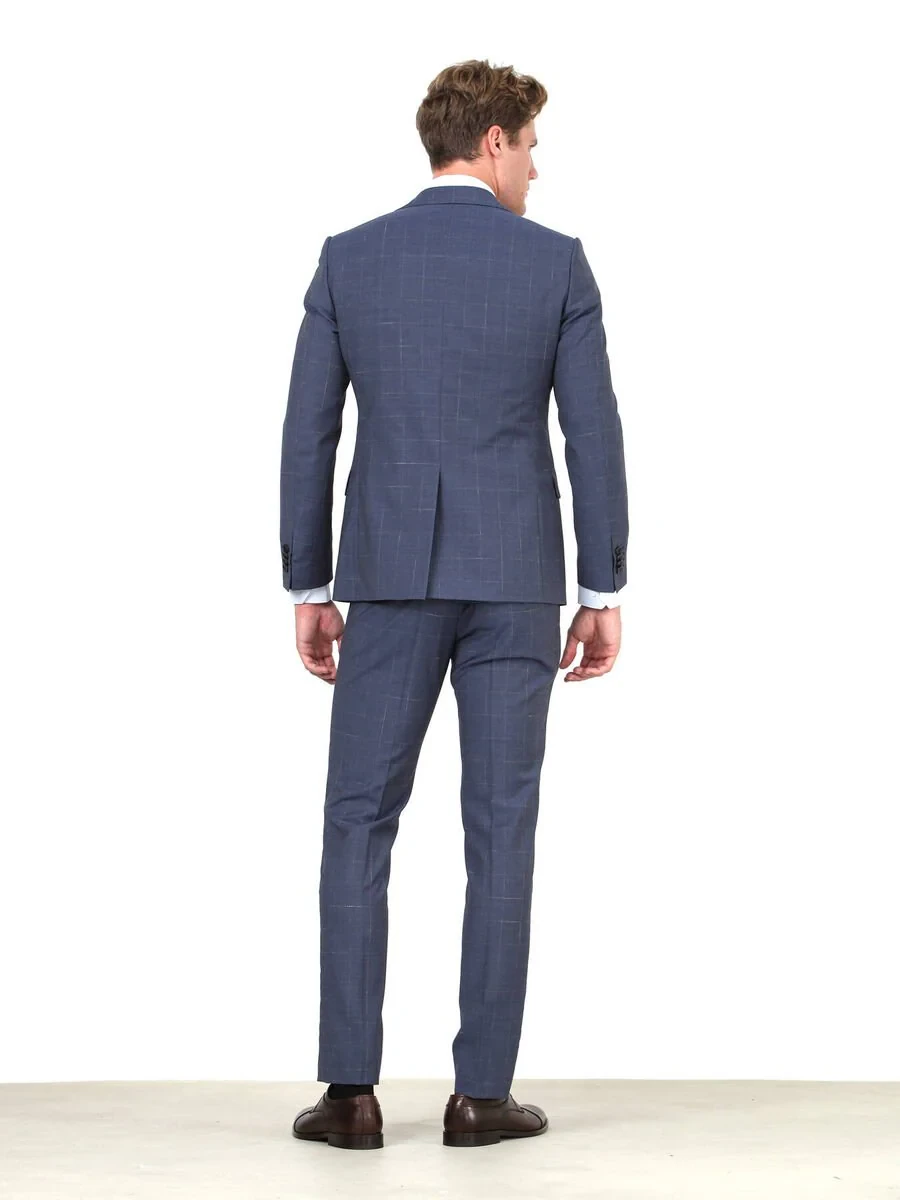 Mavi Kareli Modern Fit %100 Yün Takım Elbise - 4