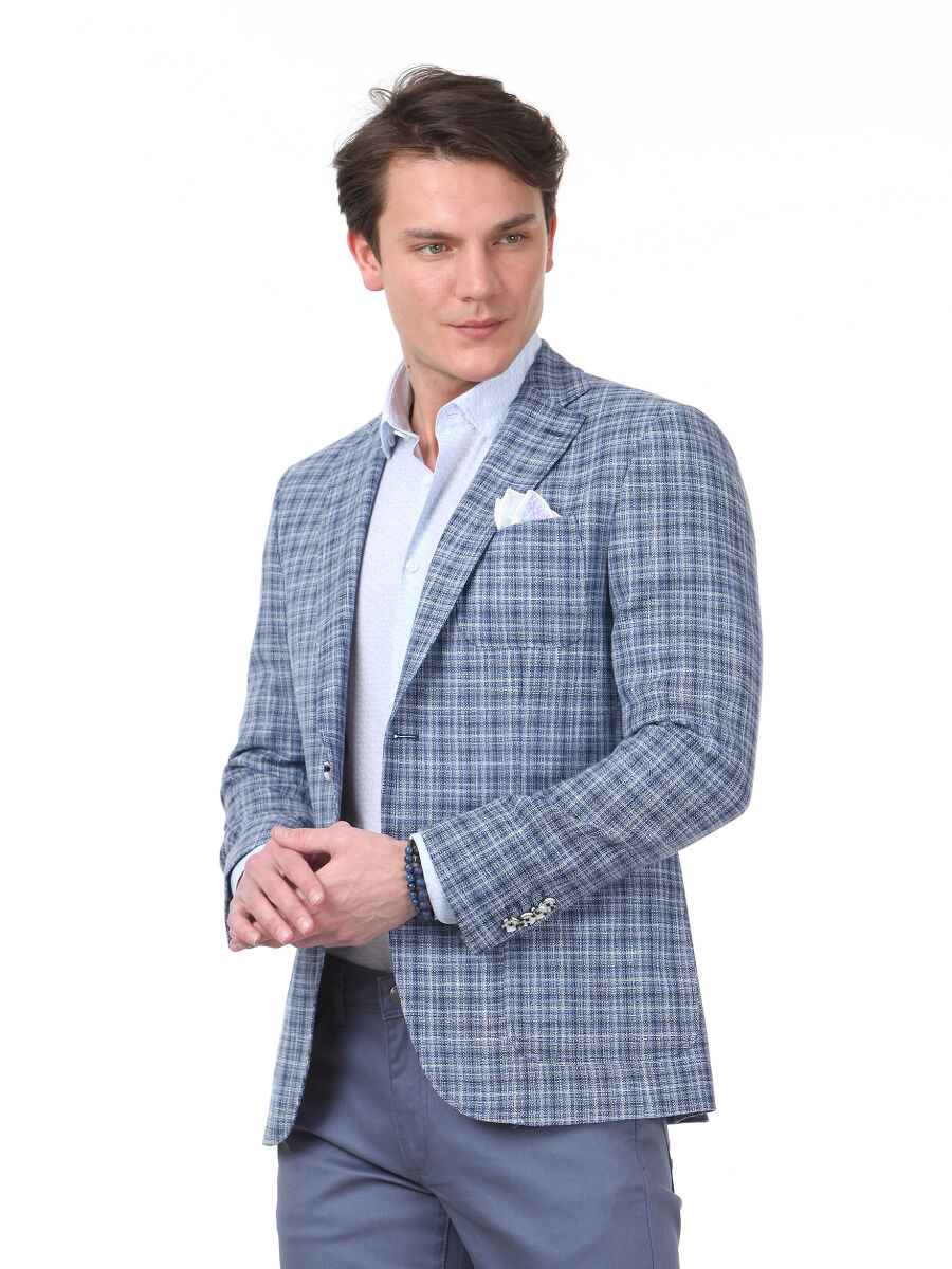 Mavi Kareli Modern Fit Yün Karışımlı Ceket - 3