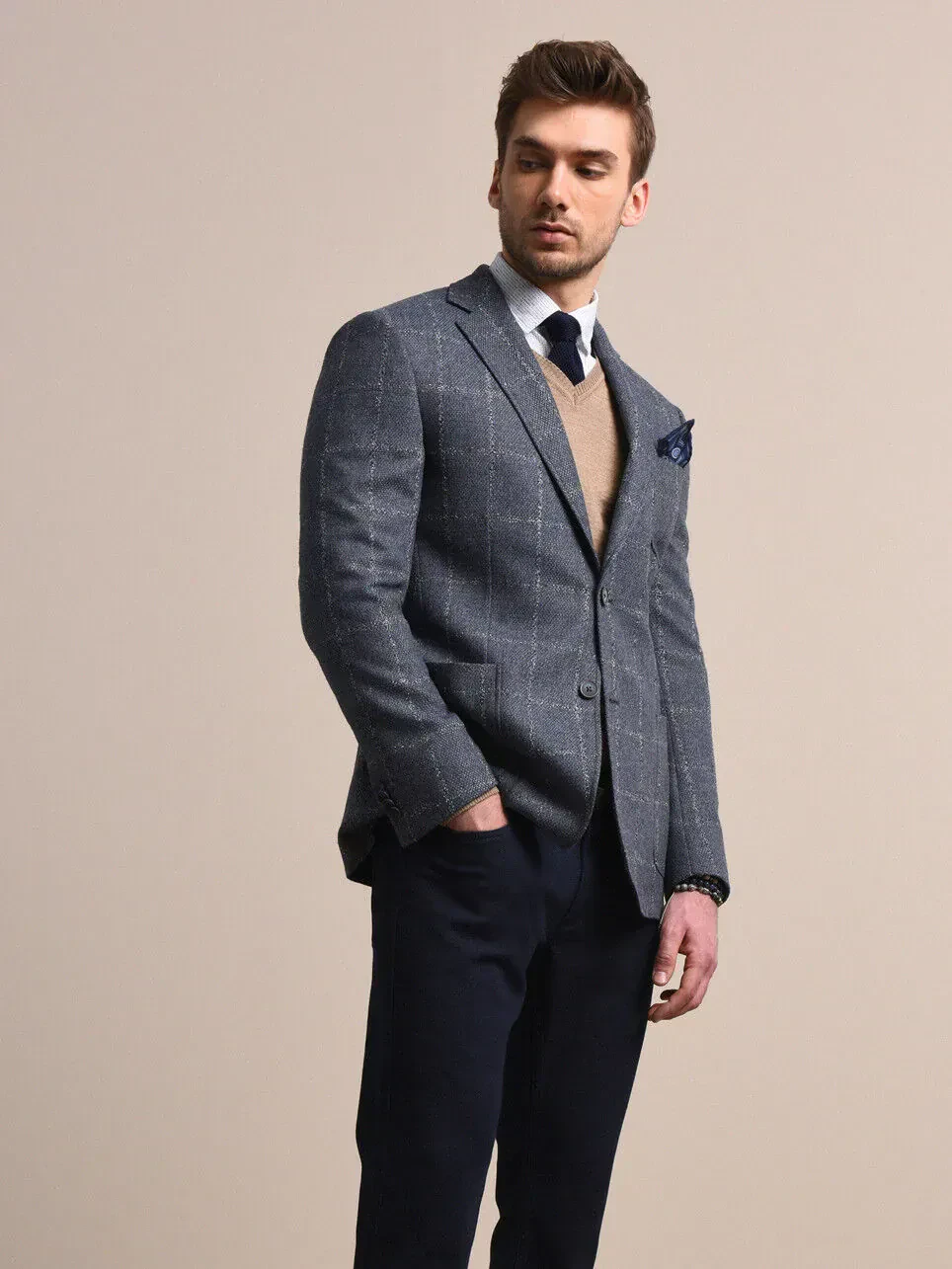 Mavi Kareli Modern Fit Yün Karışımlı Ceket - 3
