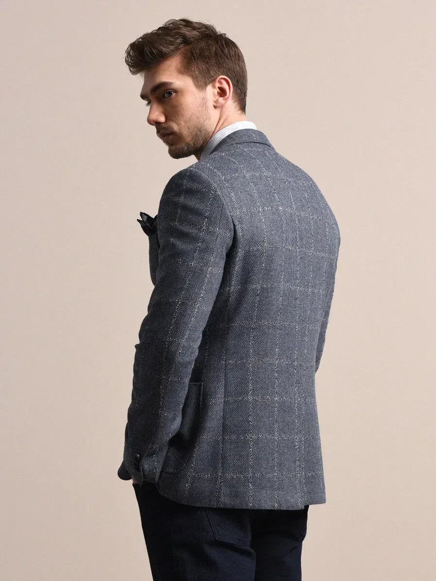 Mavi Kareli Modern Fit Yün Karışımlı Ceket - 4