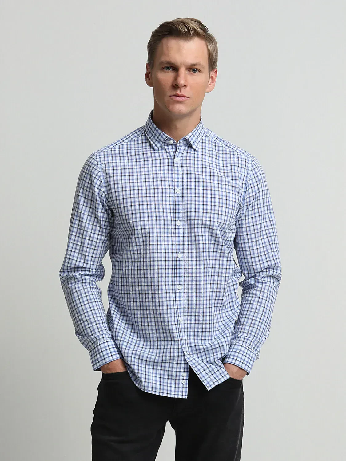 Mavi Kareli Regular Fit Dokuma Casual %100 Pamuk Gömlek - 3
