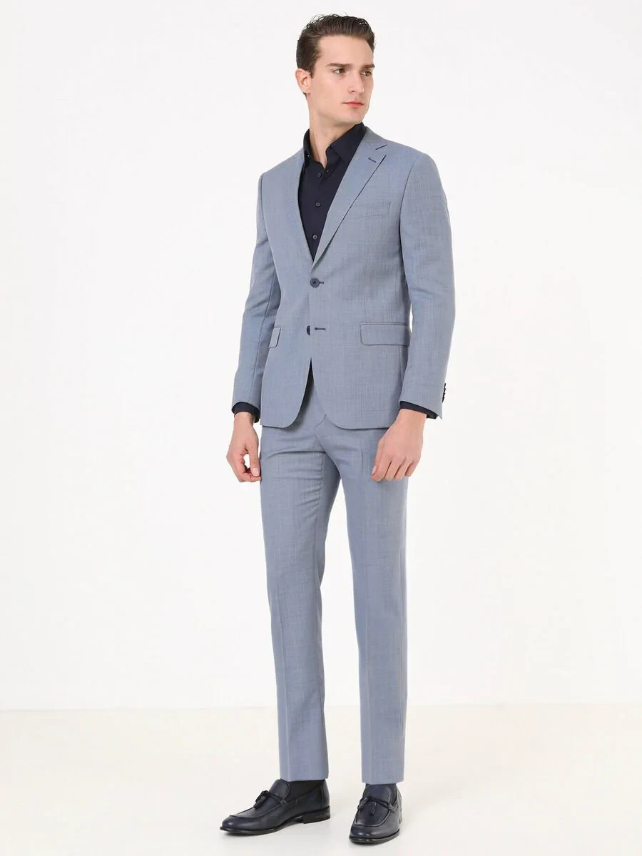 Mavi Mikro Modern Fit %100 Yün Takım Elbise - 1