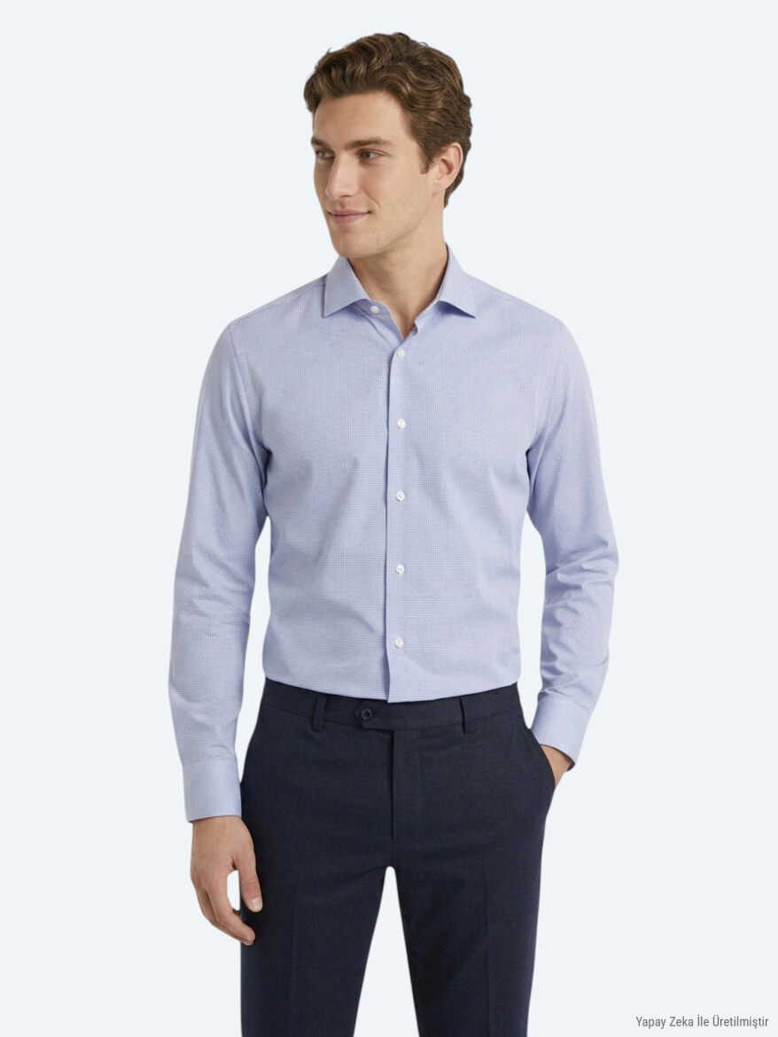 Mavi Mikro Regular Fit Uzun Dokuma Casual %100 Pamuk Gömlek - KİP