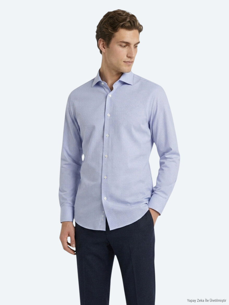 Mavi Mikro Regular Fit Uzun Dokuma Casual %100 Pamuk Gömlek - KİP (1)