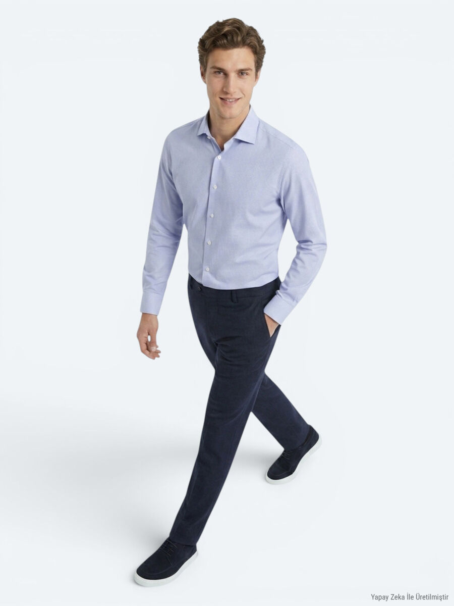 Mavi Mikro Regular Fit Uzun Dokuma Casual %100 Pamuk Gömlek - 4