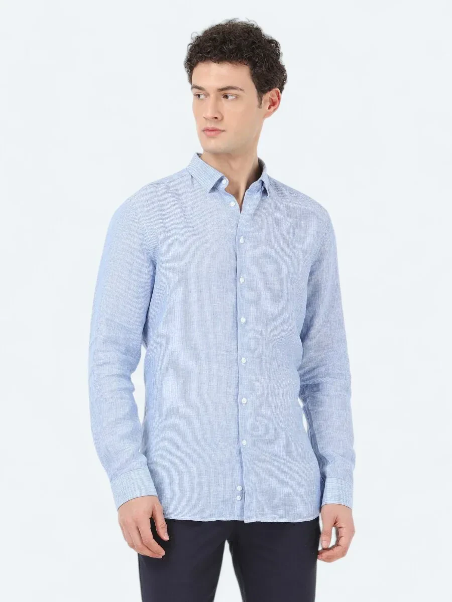 Mavi Regular Fit Dokuma Casual %100 Keten Gömlek - 1