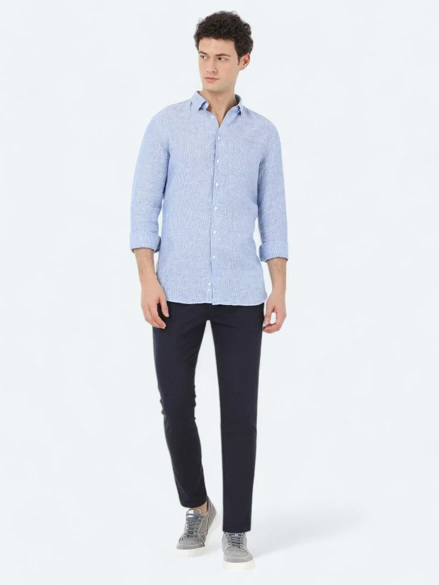 Mavi Regular Fit Dokuma Casual %100 Keten Gömlek - 2