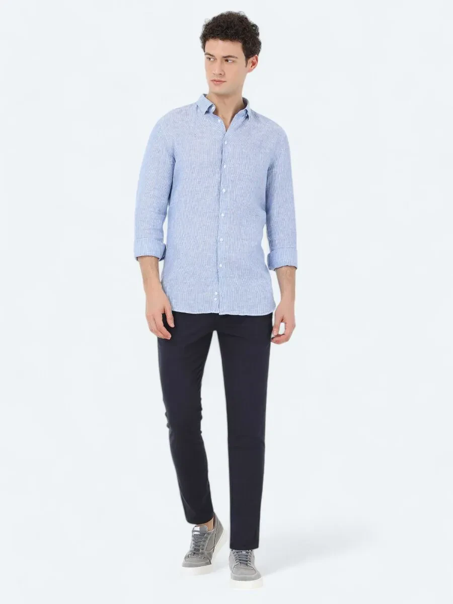 Mavi Regular Fit Dokuma Casual %100 Keten Gömlek - 2