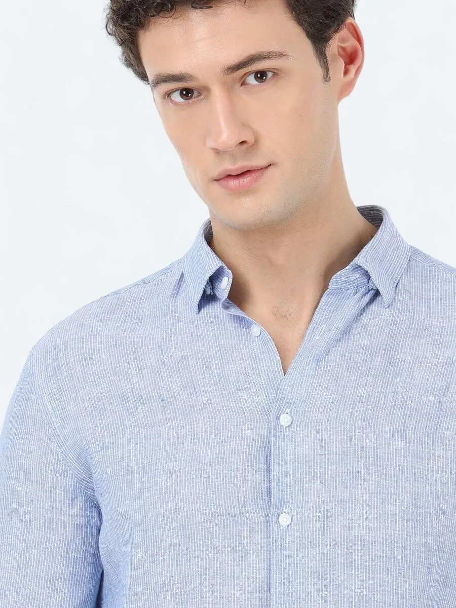 Mavi Regular Fit Dokuma Casual %100 Keten Gömlek - 3