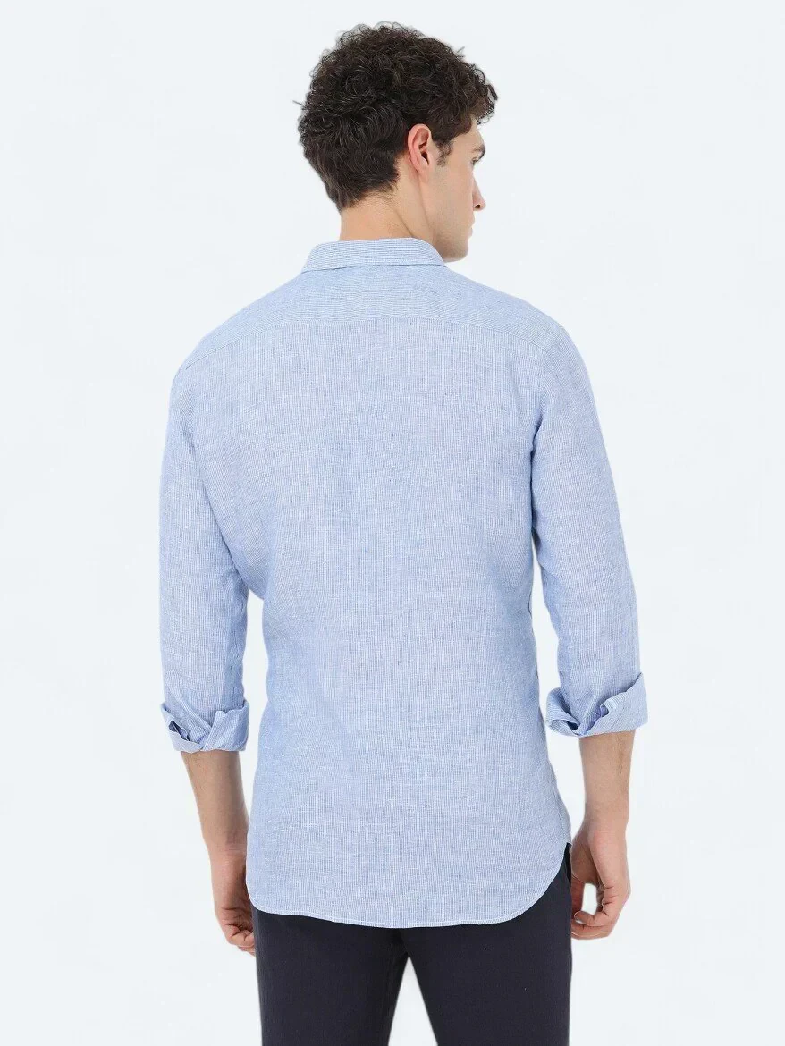 Mavi Regular Fit Dokuma Casual %100 Keten Gömlek - 4