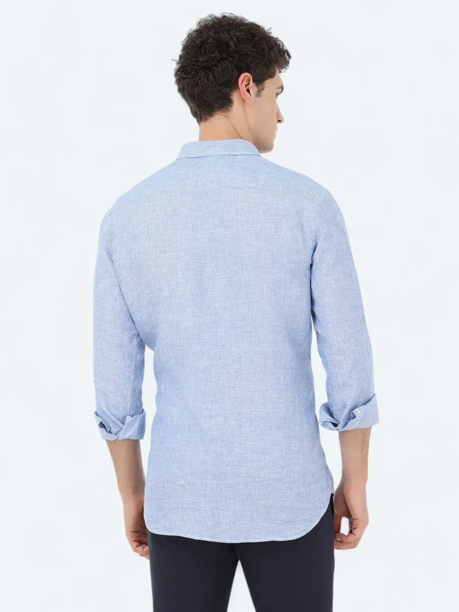 Mavi Regular Fit Dokuma Casual %100 Keten Gömlek - 4