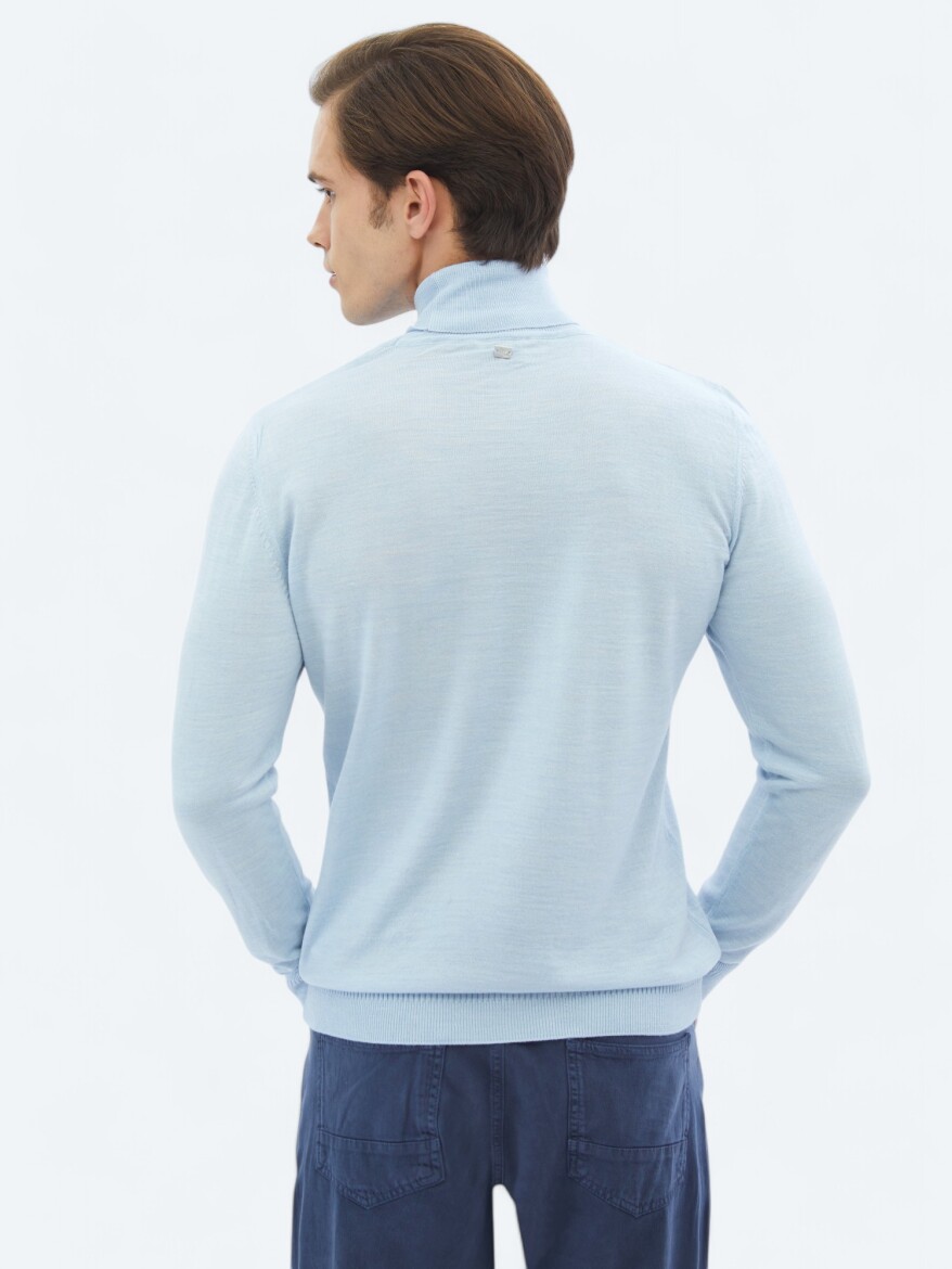 Mavi Tam Balıkçı Yaka Düz Örgü Yün Karışımlı Triko Kazak - 5