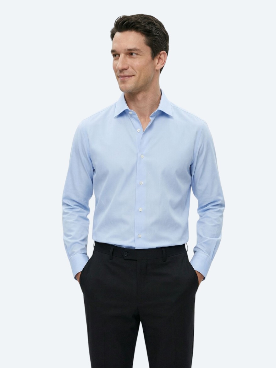 Medium Blue Regular Fit Long Weaving Classical Cotton Blended Shirt - KİP