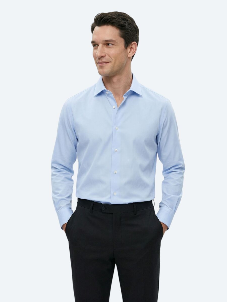 Medium Blue Regular Fit Long Weaving Classical Cotton Blended Shirt - 1