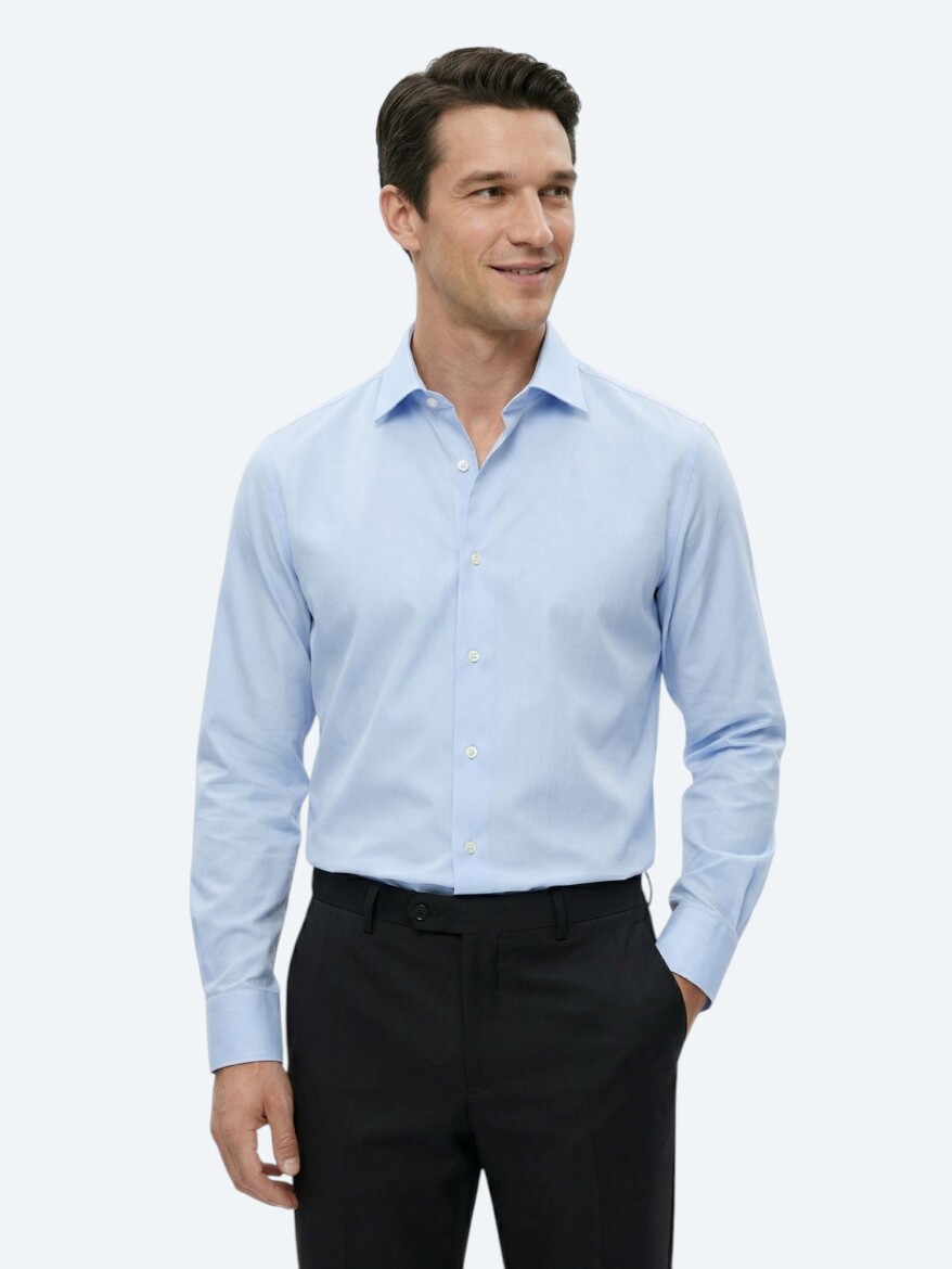 Medium Blue Regular Fit Long Weaving Classical Cotton Blended Shirt - 3