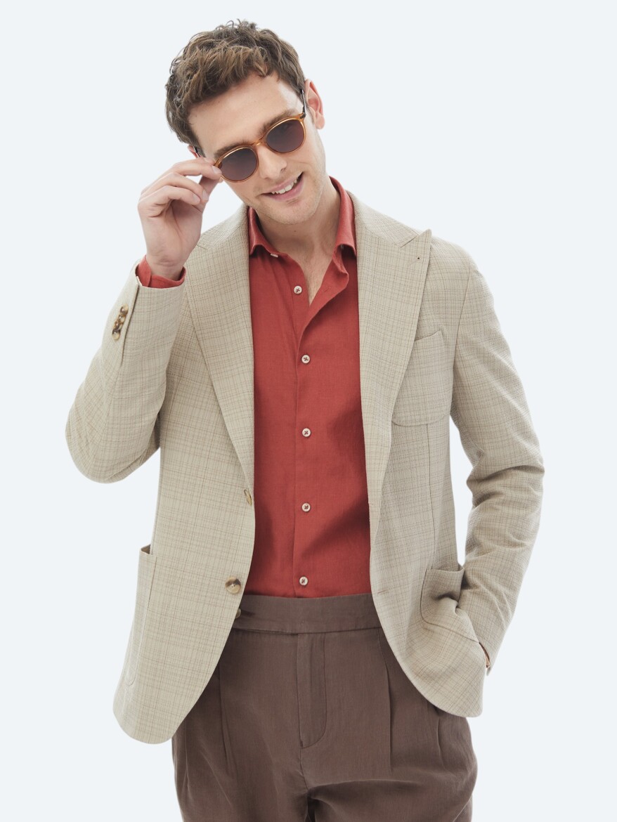 Mink Checkered Modern Fit Wool Blended Jacket - KİP