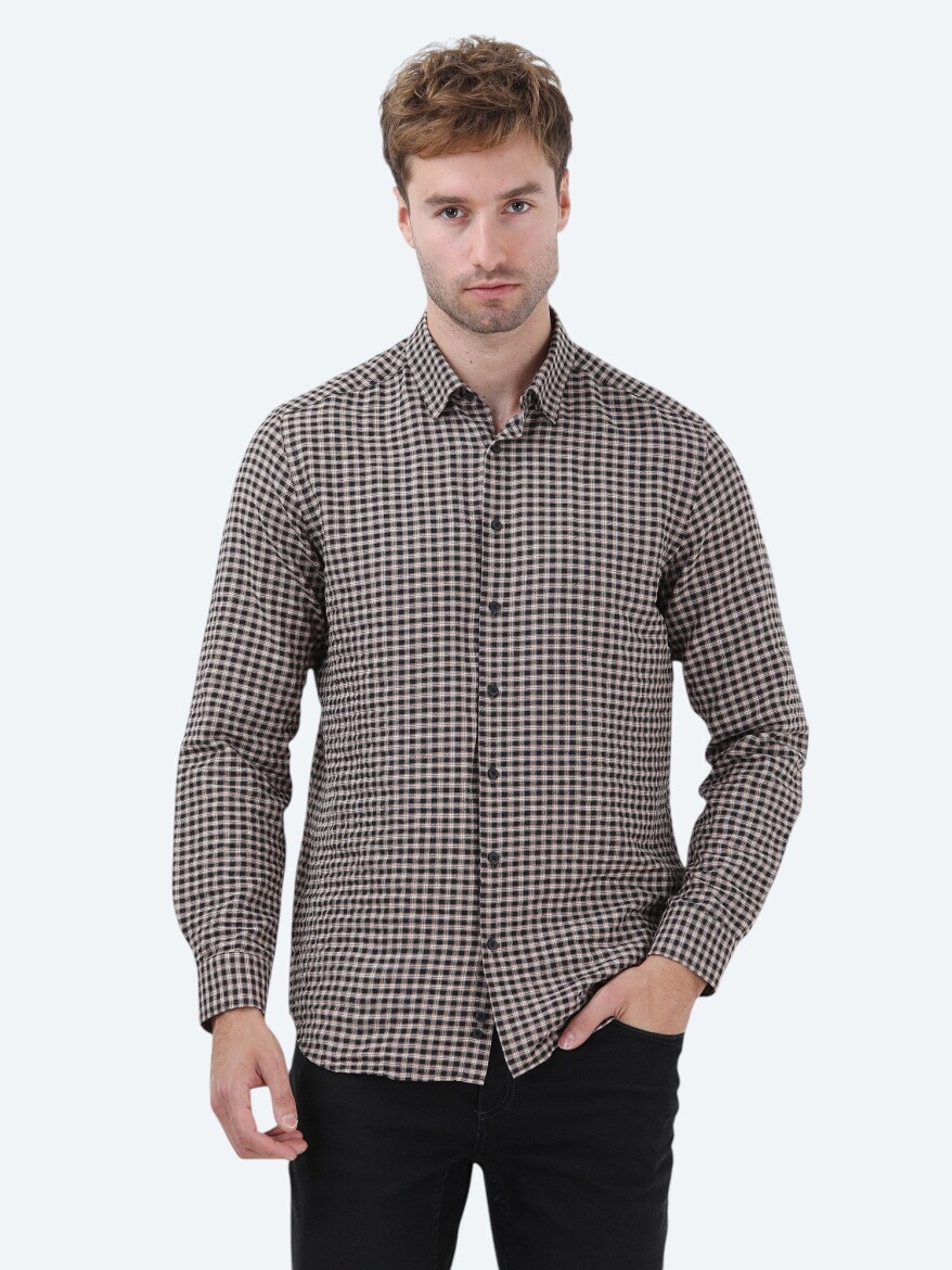 Mink Checkered Regular Fit Long Weaving Casual Cotton Blended Shirt - 1