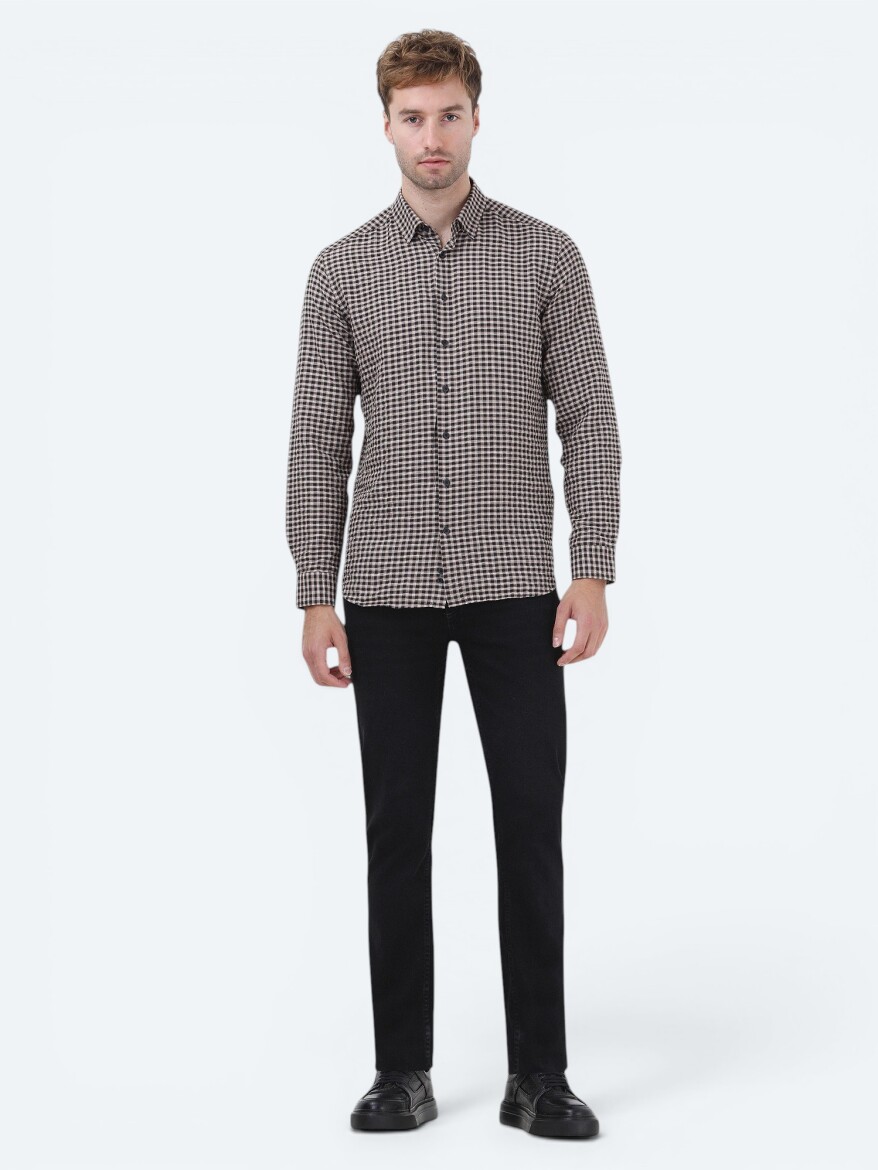 Mink Checkered Regular Fit Long Weaving Casual Cotton Blended Shirt - 2
