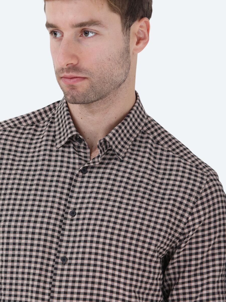 Mink Checkered Regular Fit Long Weaving Casual Cotton Blended Shirt - 4