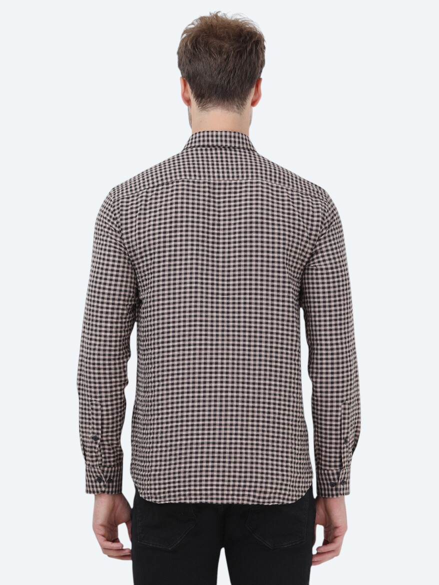 Mink Checkered Regular Fit Long Weaving Casual Cotton Blended Shirt - 5