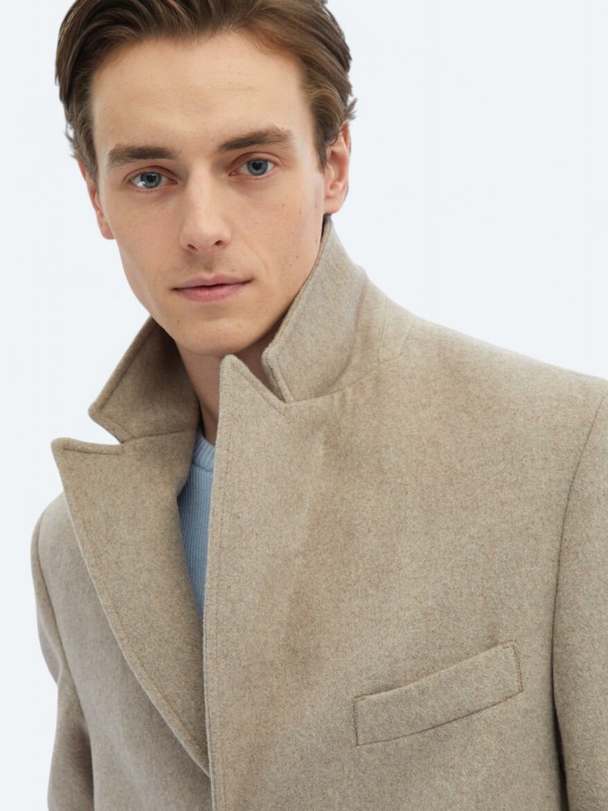 Mink Regular Fit Double Breasted Collar Classical Weaving Overcoat - 9