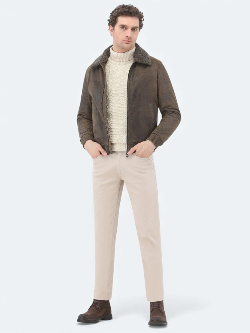 Mink Regular Fit Round Collar Smart Casual Sheep Leather Leather Coat - 2