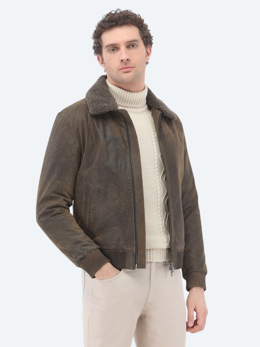 Mink Regular Fit Round Collar Smart Casual Sheep Leather Leather Coat - 3