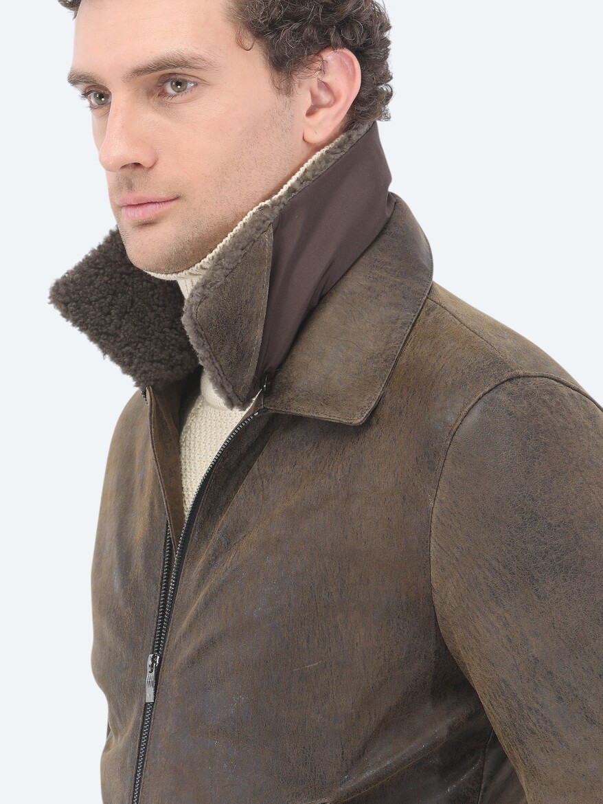 Mink Regular Fit Round Collar Smart Casual Sheep Leather Leather Coat - 4