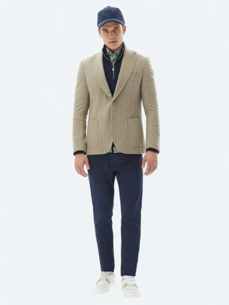Mink Striped Comfort Fit Wool Blended Jacket - 2