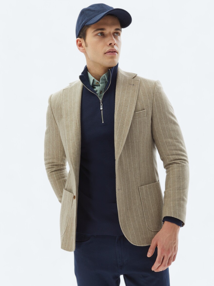 Mink Striped Comfort Fit Wool Blended Jacket - KİP
