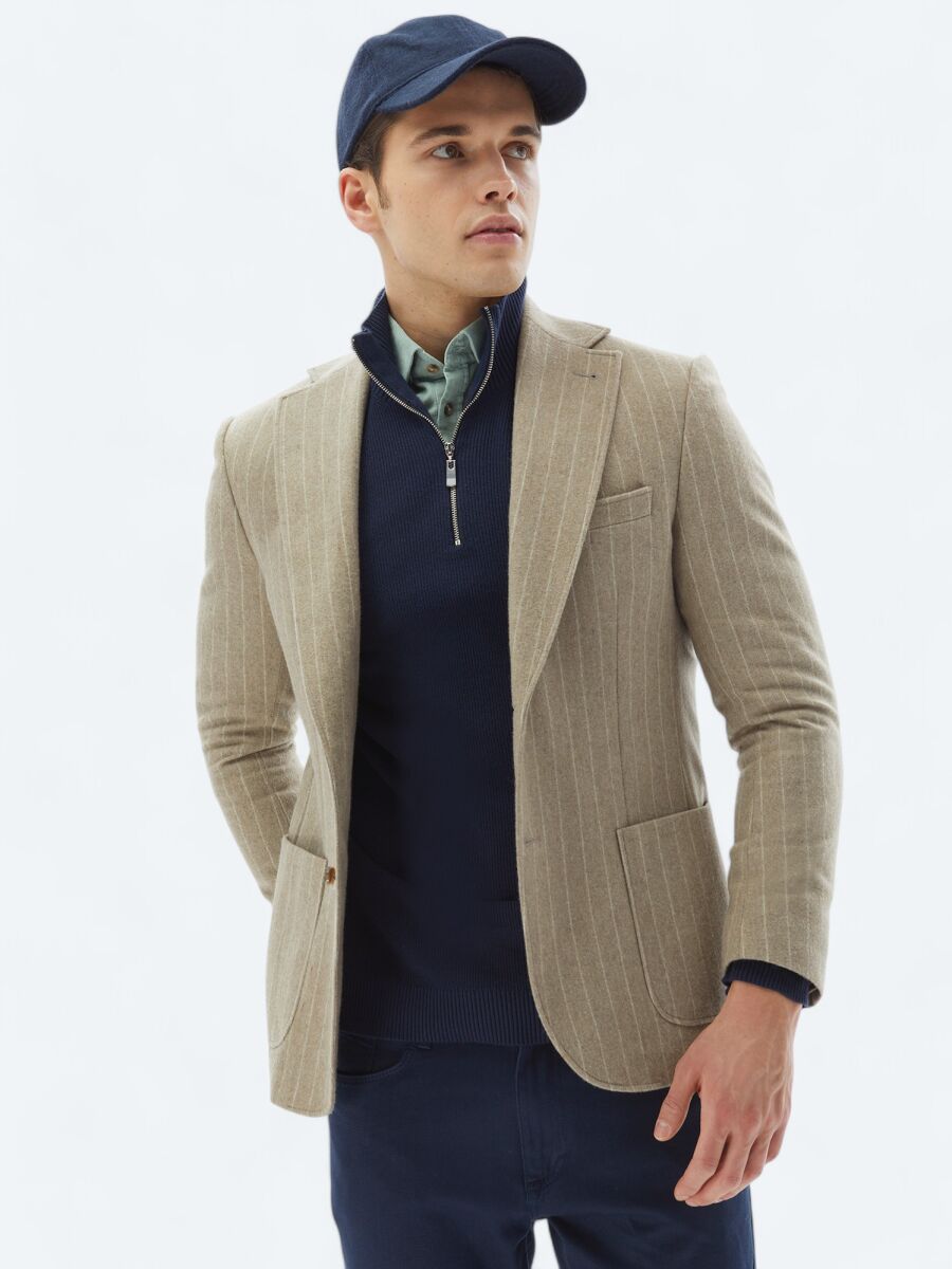 Mink Striped Comfort Fit Wool Blended Jacket - 1