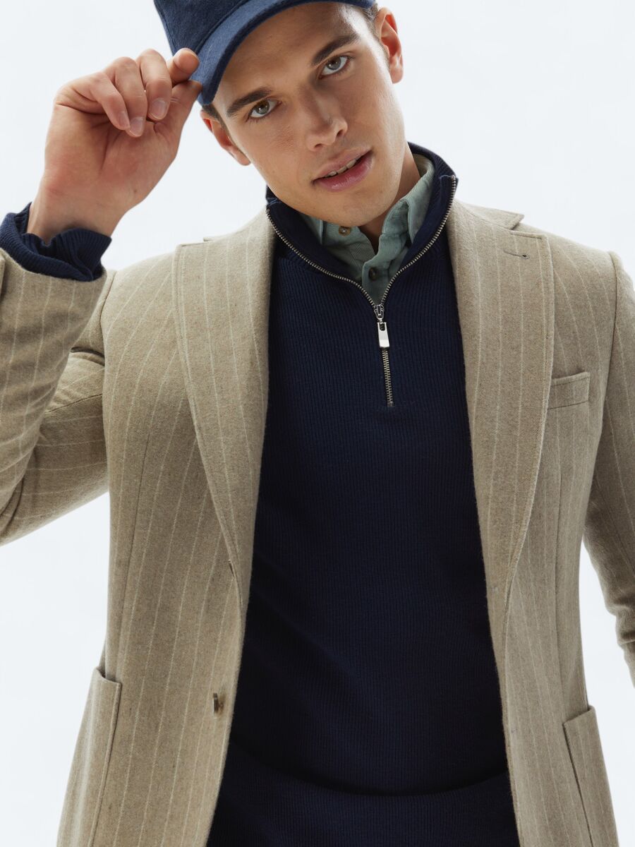 Mink Striped Comfort Fit Wool Blended Jacket - 4