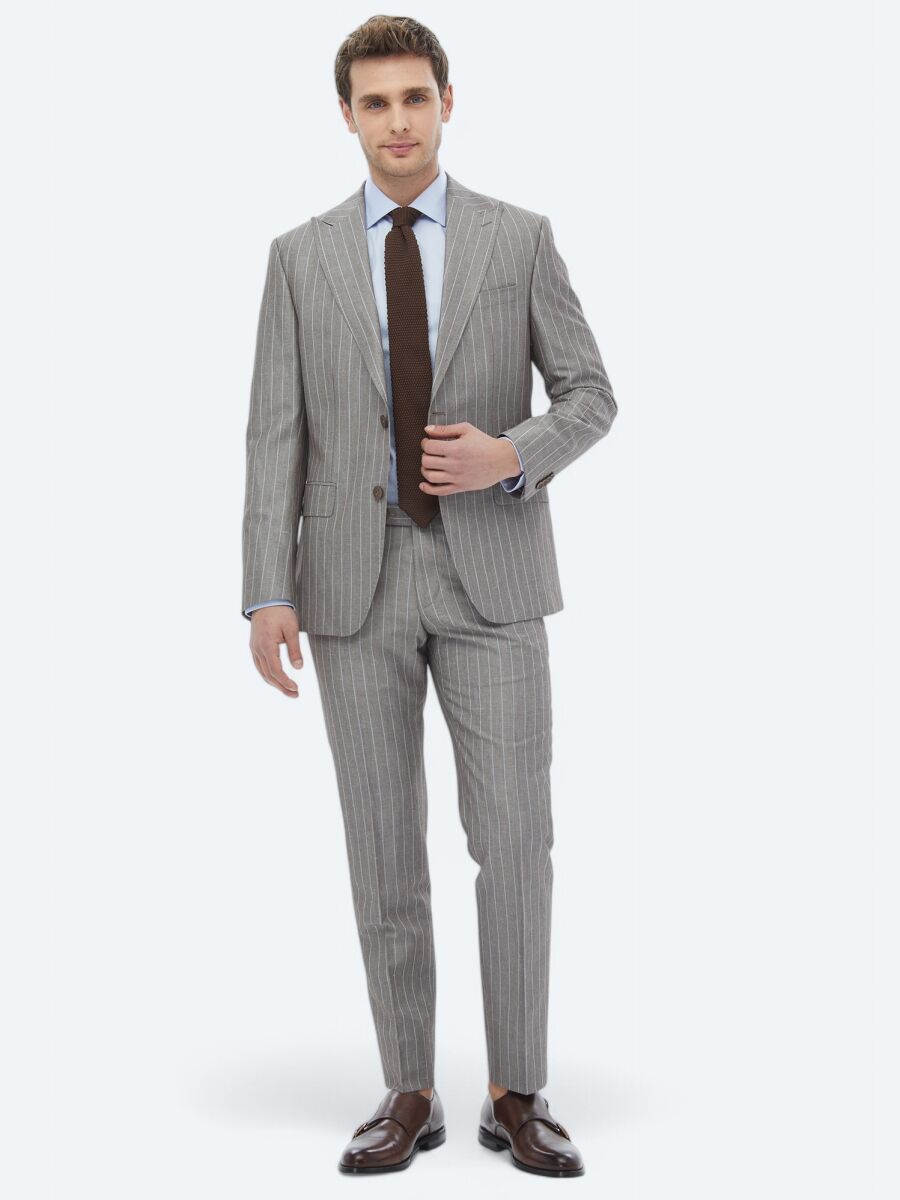 Mink Striped Modern Fit Linen Blended Suit - 4