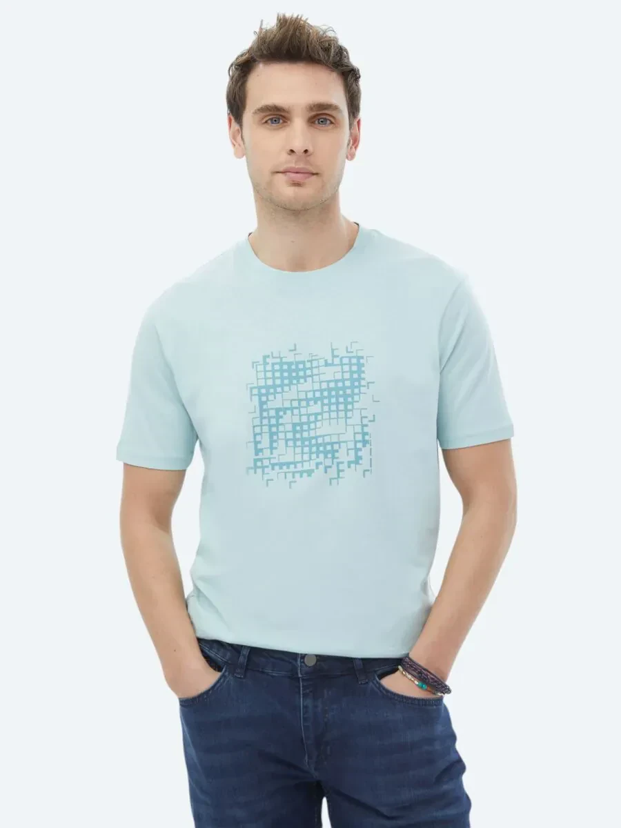Mint Baskılı Bisiklet Yaka %100 Pamuk T-Shirt - 1