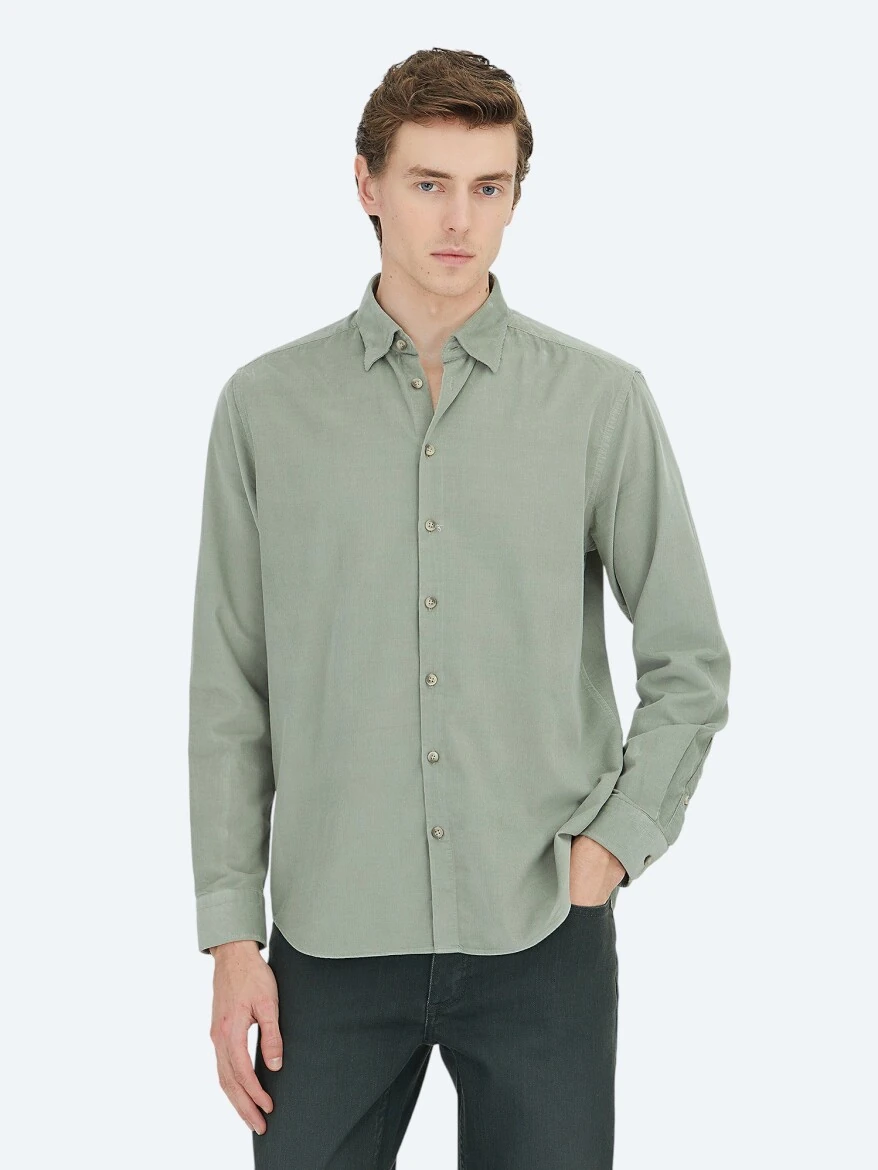 Mint Çizgili Regular Fit Dokuma Kadife Casual %100 Pamuk Gömlek - 1