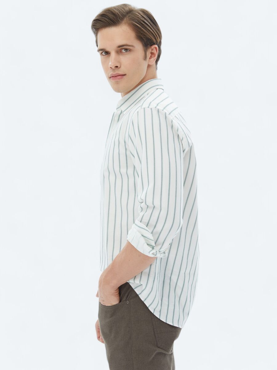 Mint Çizgili Regular Fit Uzun Dokuma Casual %100 Pamuk Gömlek - 4