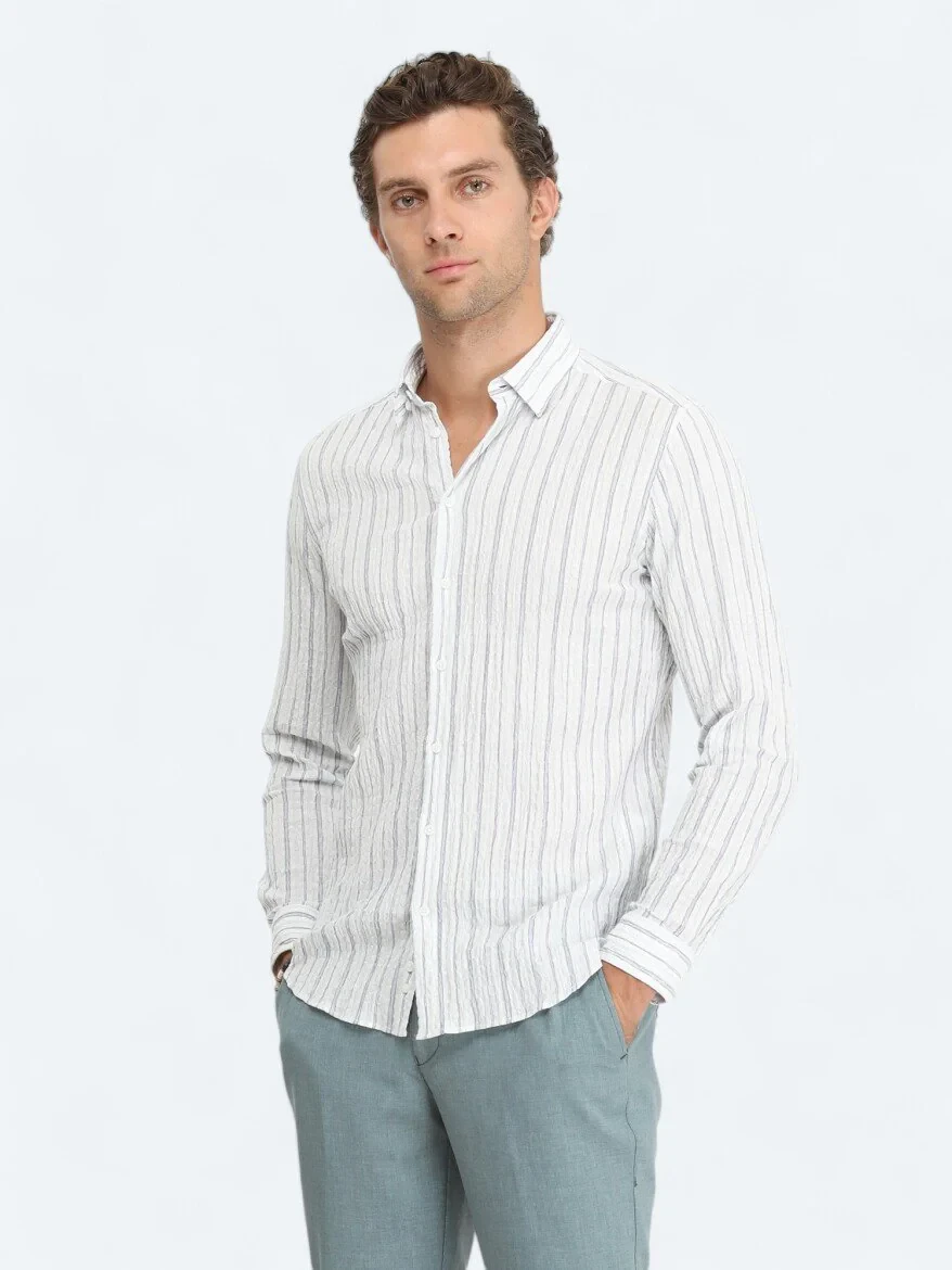 Mint Çizgili Slim Fit Dokuma Casual Pamuk Karışımlı Gömlek - 1