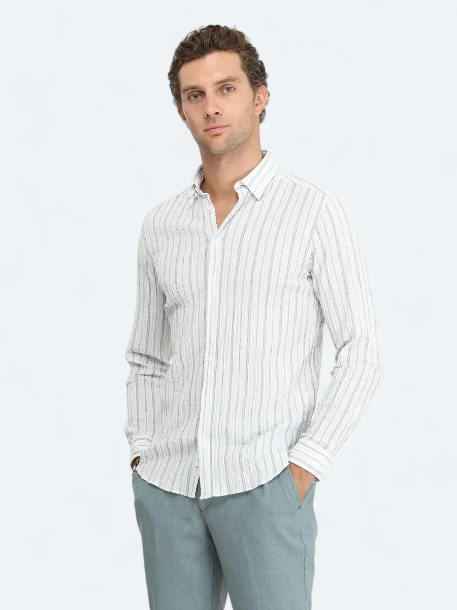 Mint Çizgili Slim Fit Dokuma Casual Pamuk Karışımlı Gömlek - 1