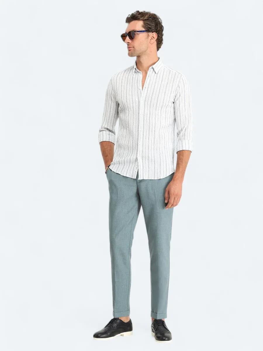 Mint Çizgili Slim Fit Dokuma Casual Pamuk Karışımlı Gömlek - 2