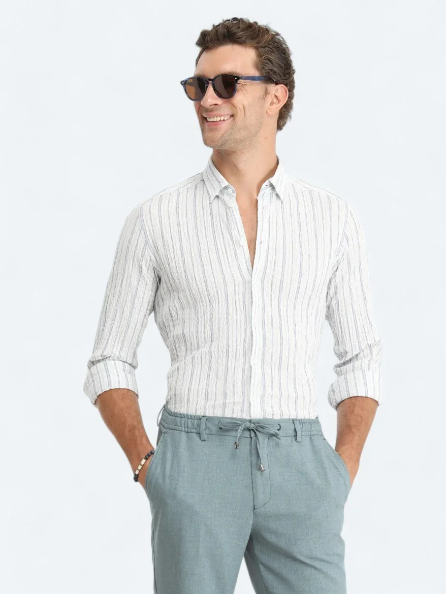 Mint Çizgili Slim Fit Dokuma Casual Pamuk Karışımlı Gömlek - 3