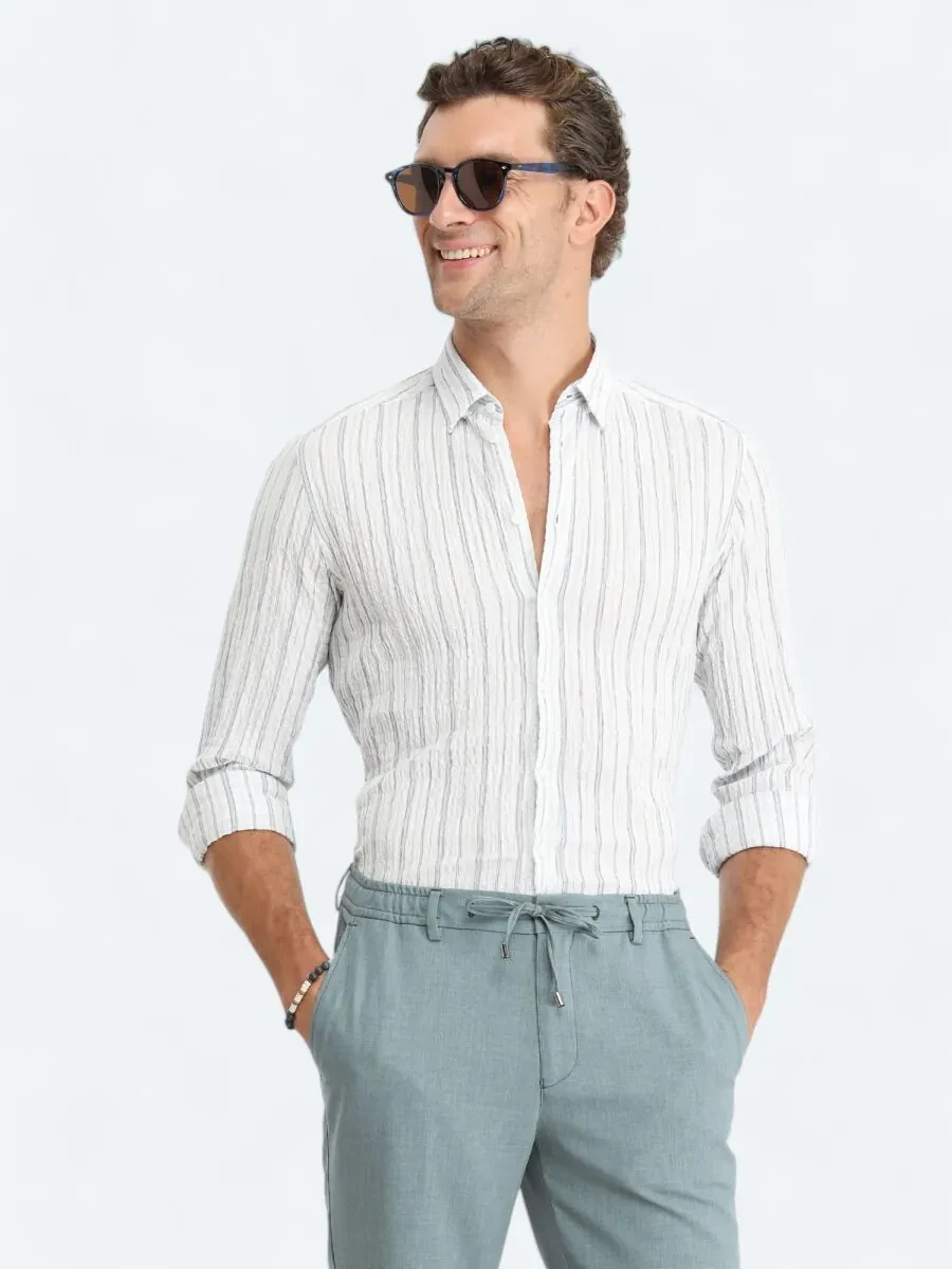 Mint Çizgili Slim Fit Dokuma Casual Pamuk Karışımlı Gömlek - 3