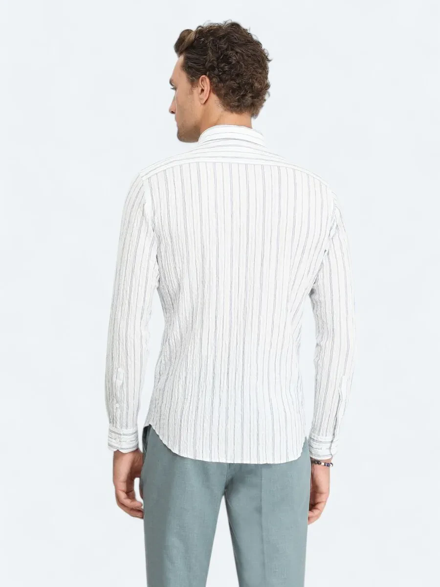 Mint Çizgili Slim Fit Dokuma Casual Pamuk Karışımlı Gömlek - 5