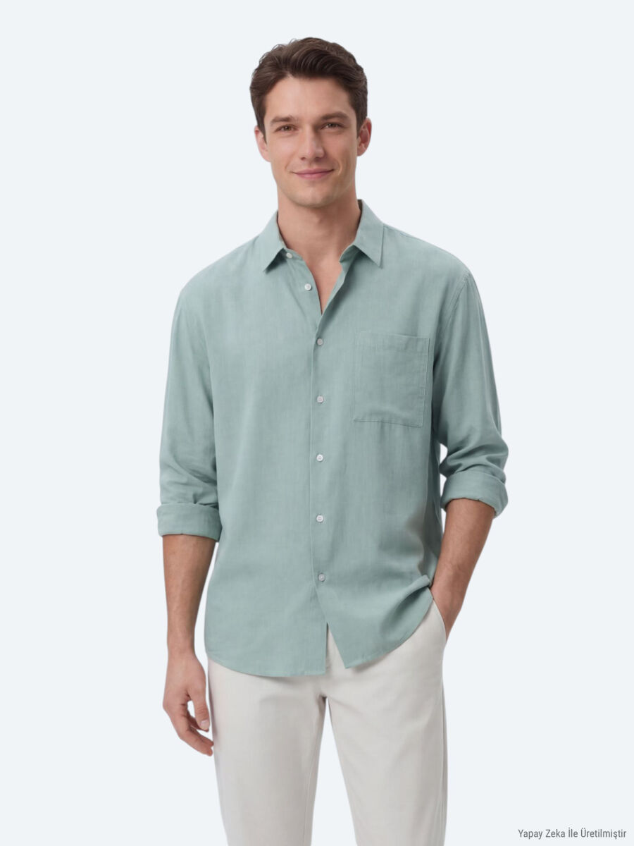 Mint Düz Oversize Fit Uzun Dokuma Casual Gömlek - 1