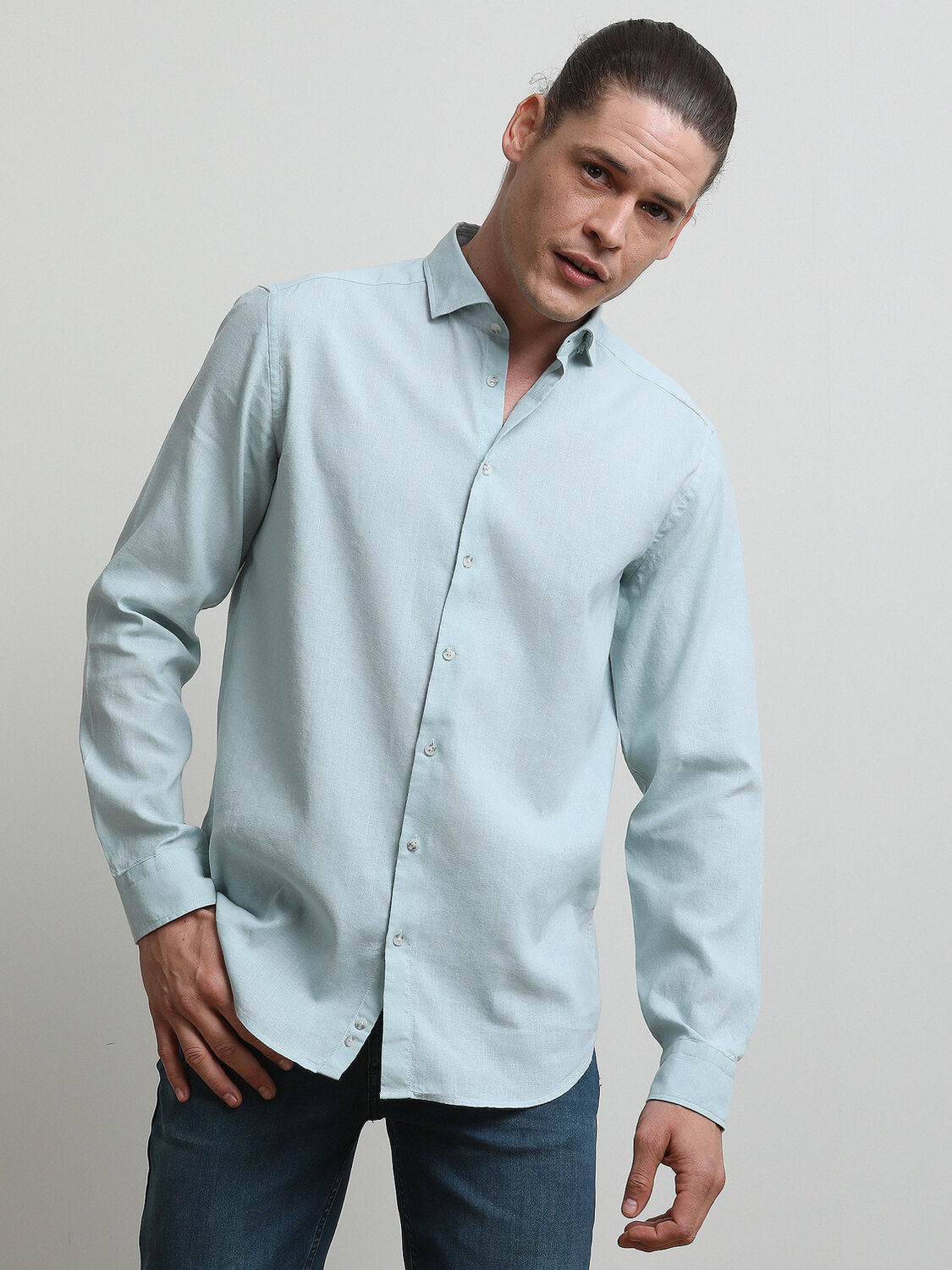 Mint Düz Regular Fit Dokuma Casual Pamuk Karışımlı Gömlek - 1