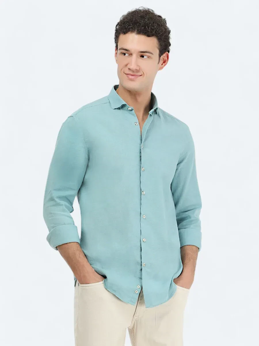 Mint Düz Regular Fit Dokuma Casual Pamuk Karışımlı Gömlek - 1